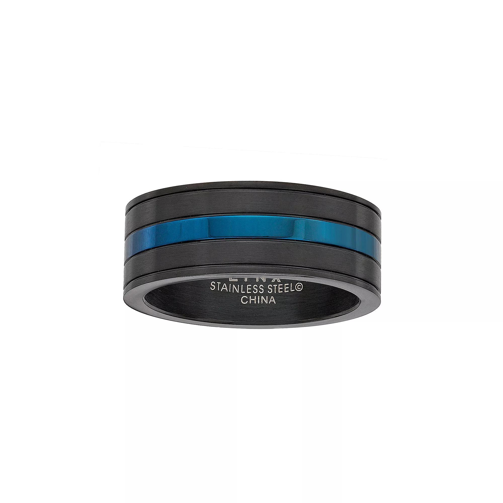 LYNX Men's Striped Black & Blue Stainless Steel Ring, Size: 8, Two Tone Product Image