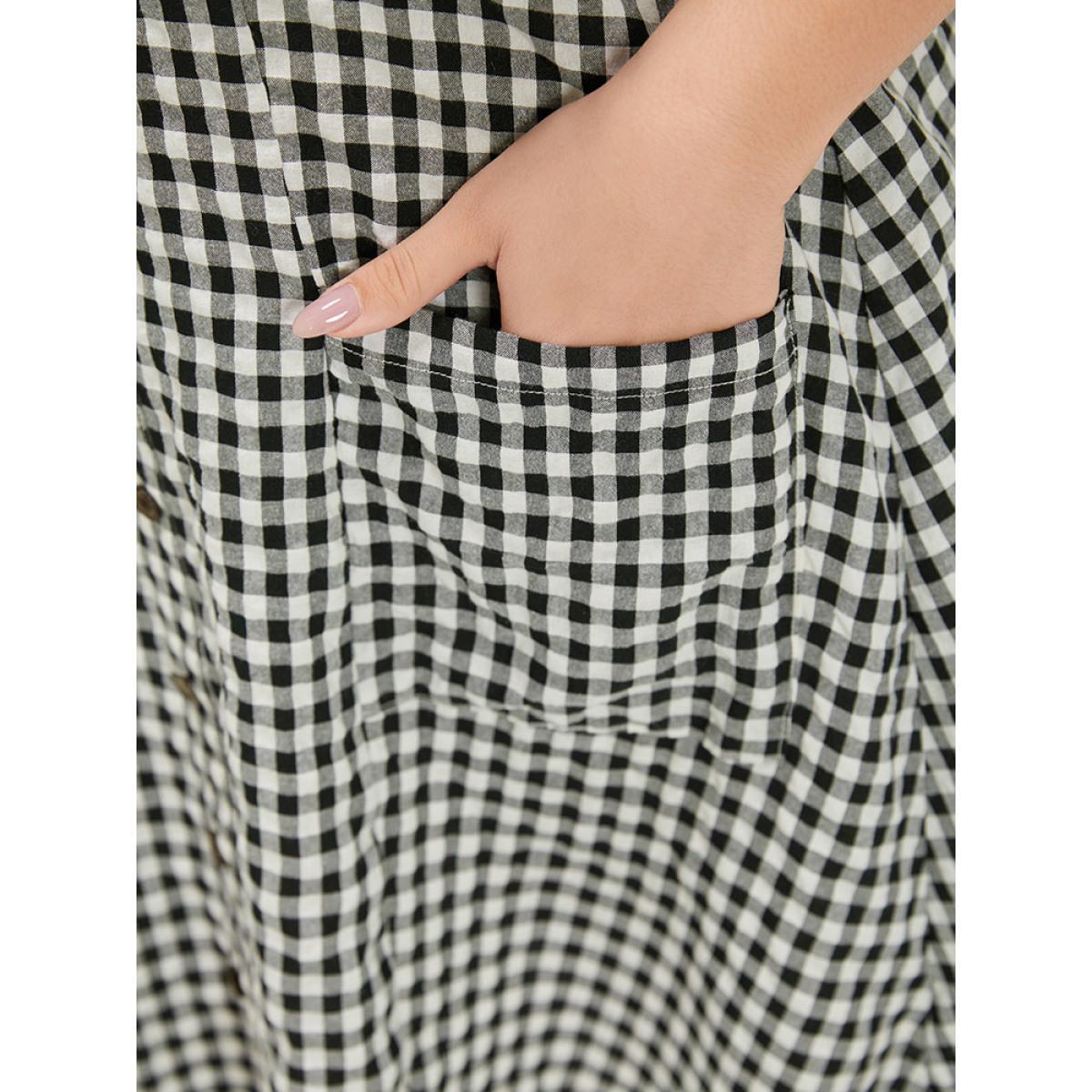 Plus Size Gingham Button Detail Pocket Ruffle Cap Sleeve Dress Black Women Elegant Button V-neck Cap Sleeve Curvy Knee Dress BloomChic 12/L Product Image