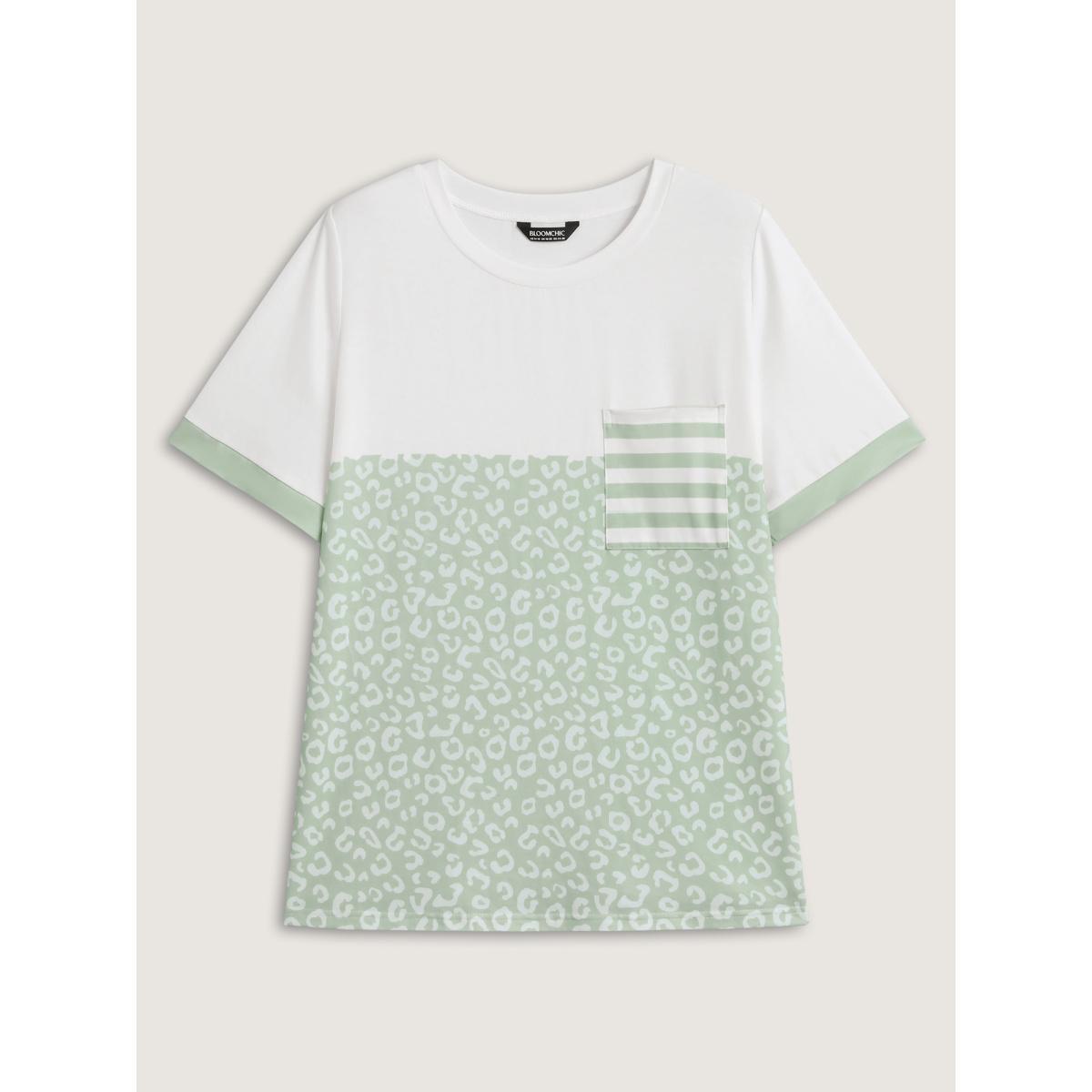 Plus Size Leopard Print Color Contrast T-Shirt Greenbean Women Contrast Round Neck Everyday-Casual T-shirts BloomChic 26/4X Product Image