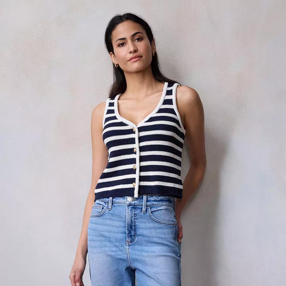 Women's LC Lauren Conrad V-Neck Cropped Sweater Vest, Size: Medium, Blue Basque Stripe Product Image