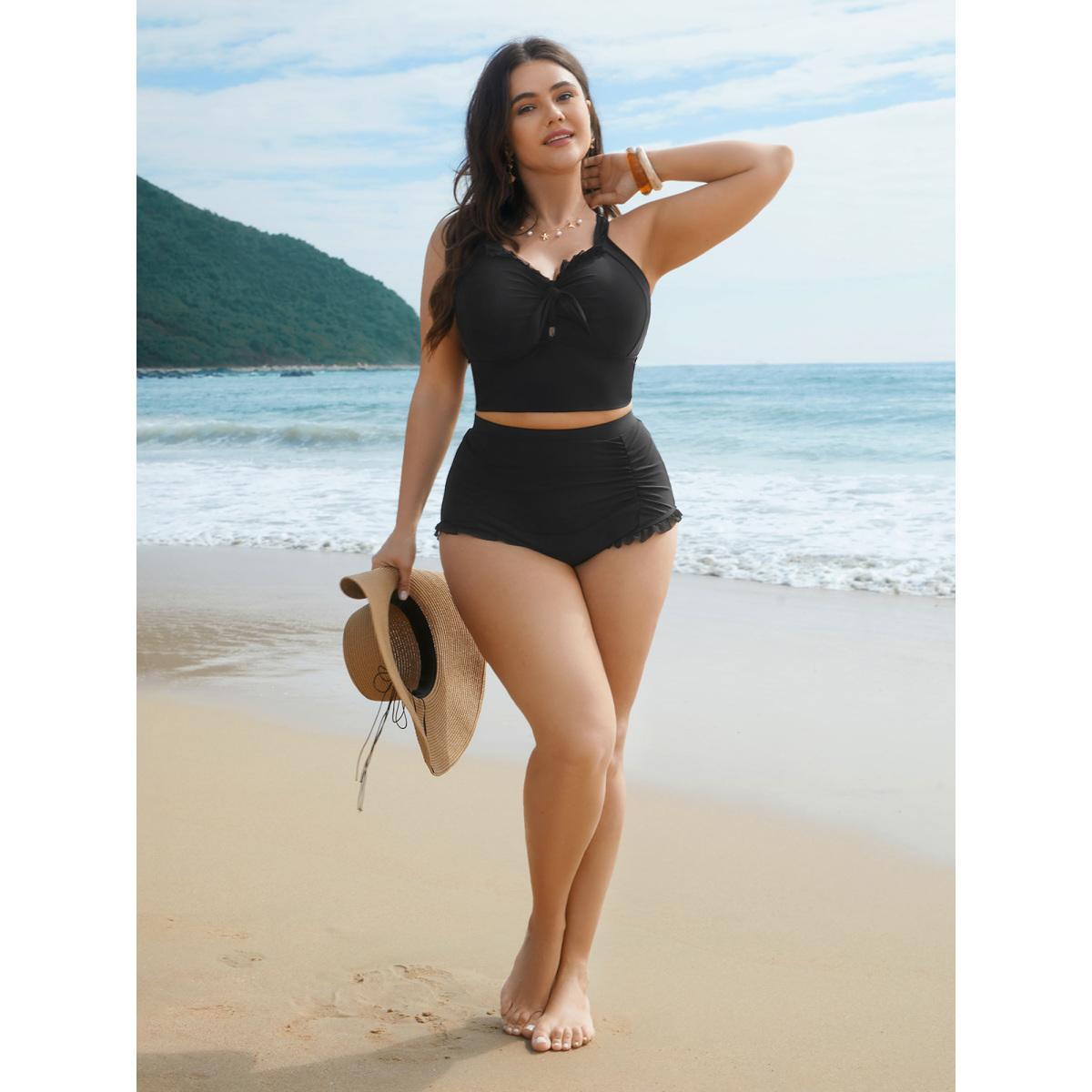 Plus Size Bust Knot-Tie Ruffle Trim Supportive Swim Top Women's Swimwear Black Beach Knotted High stretch Skinny Heart neckline Curve Swim Tops BloomChic 28/5X Product Image