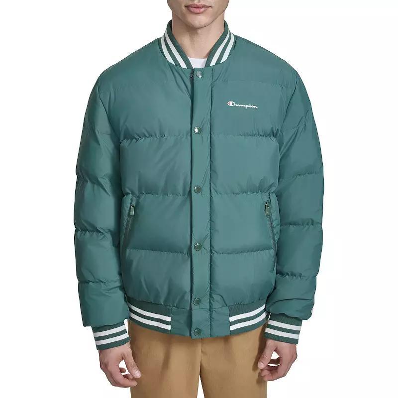 Men's Champion® Quilted Varsity Puffer Bomber Jacket, Size: Medium, Rain Green Product Image