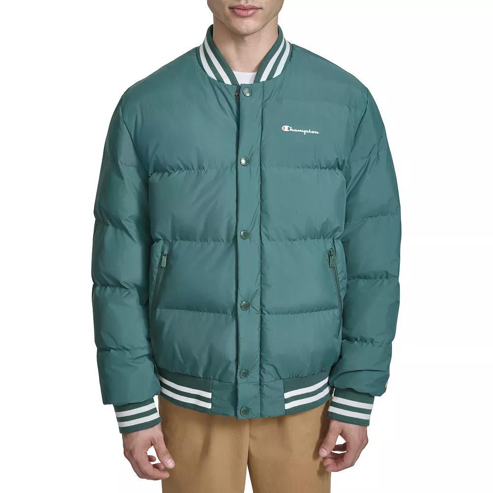 Men's Champion® Quilted Varsity Puffer Bomber Jacket, Size: Medium, Rain Green Product Image