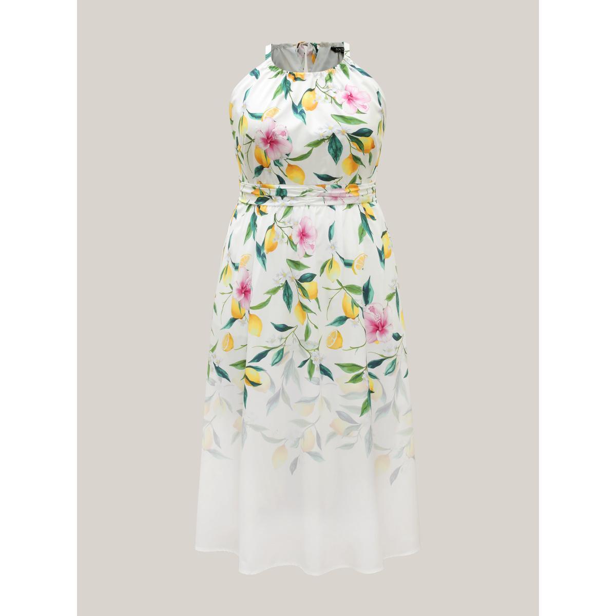 Plus Size Large Floral Pattern Pleated Waist Midi Dress WhiteSmoke Women Halter neck Sleeveless Curvy BloomChic 12/L Product Image