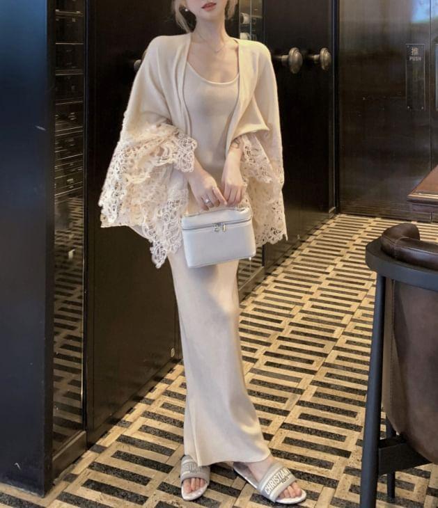 Spaghetti Strap Plain Maxi Sheath Knit Dress / Lace Trim Shawl Product Image