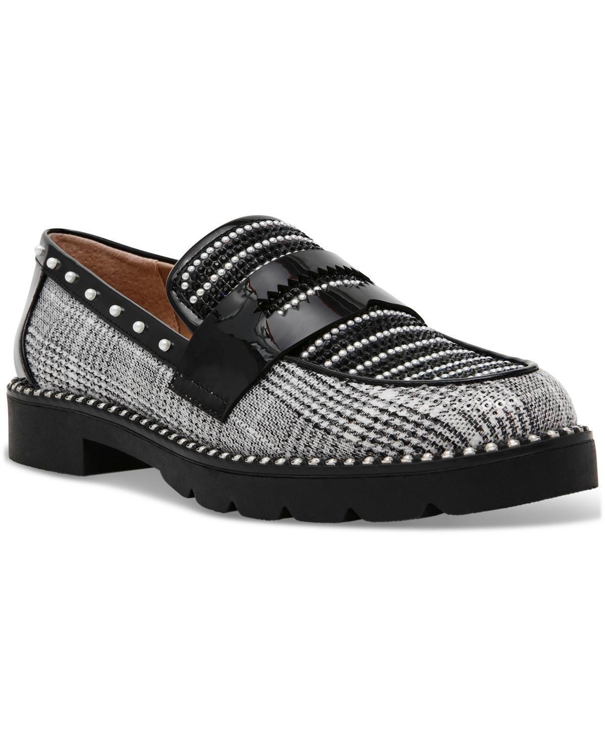Betsey Johnson Womens Darian Pearl-Embellished Tailored Lug-Sole Loafers - Black Product Image