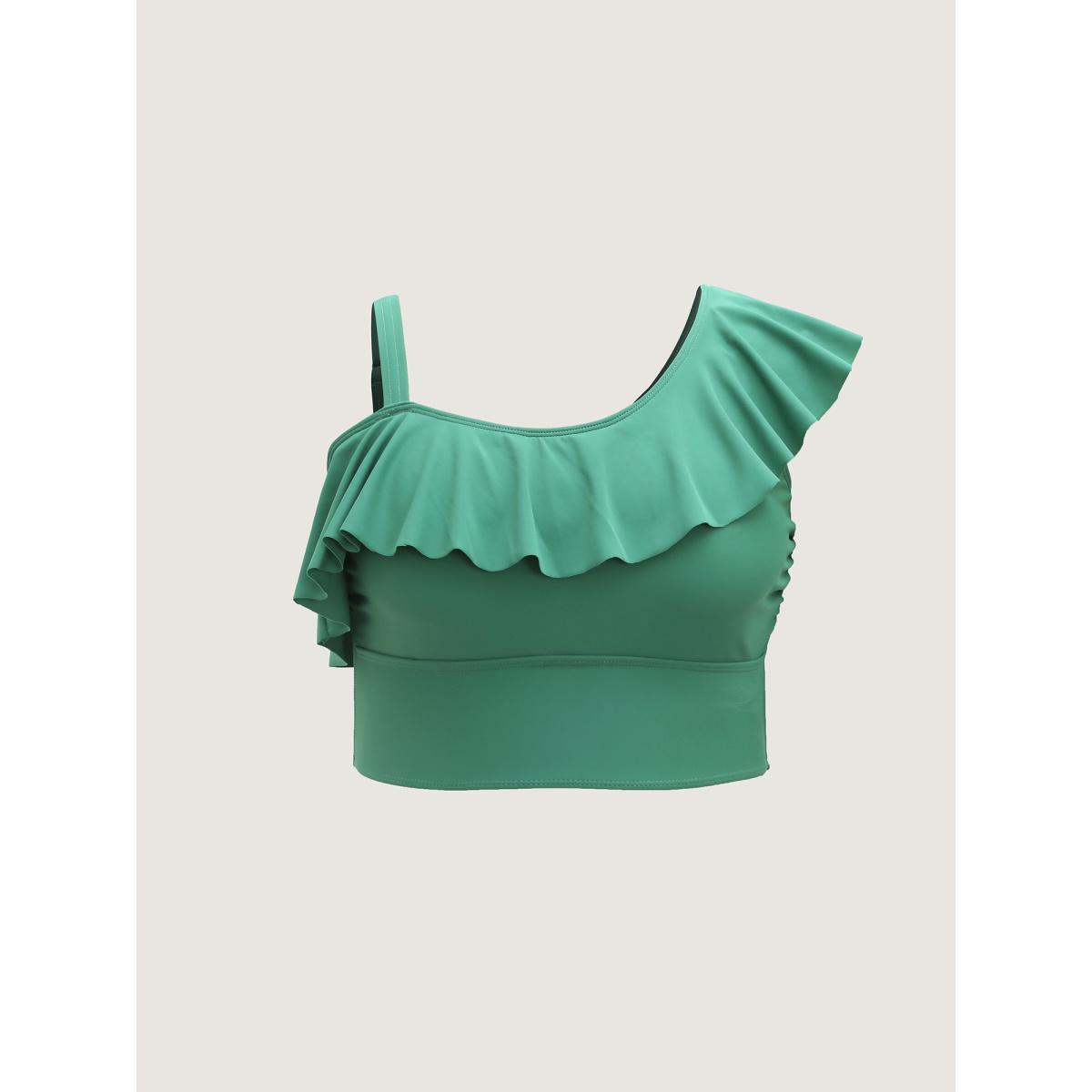 Plus Size Ruffled Asymmetrical Shoulder Strap Swim Top Women's Swimwear Greenbean Beach Ruffles High stretch Skinny Asymmetrical Neck Curve Swim Tops BloomChic 18-20/2X Product Image