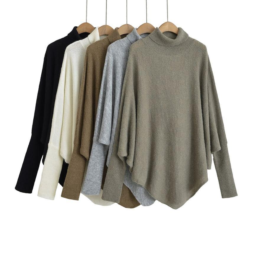 Batwing-Sleeve High Neck Plain Sweater Product Image