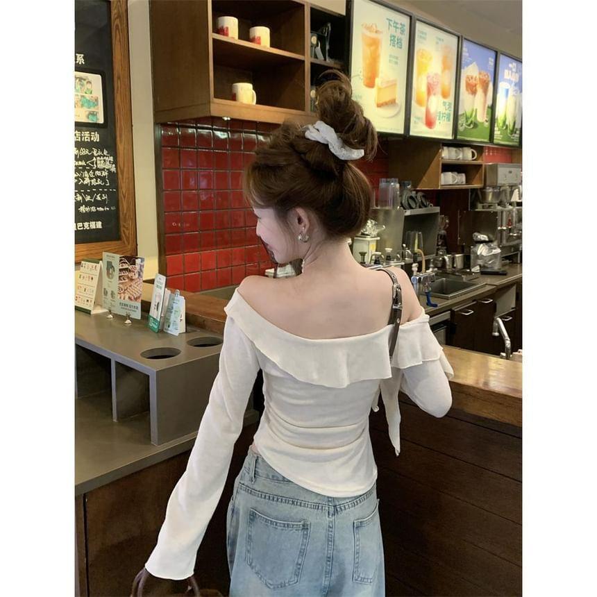 Long-Sleeve Cold Shoulder Ruffle Trim Knit Top Product Image