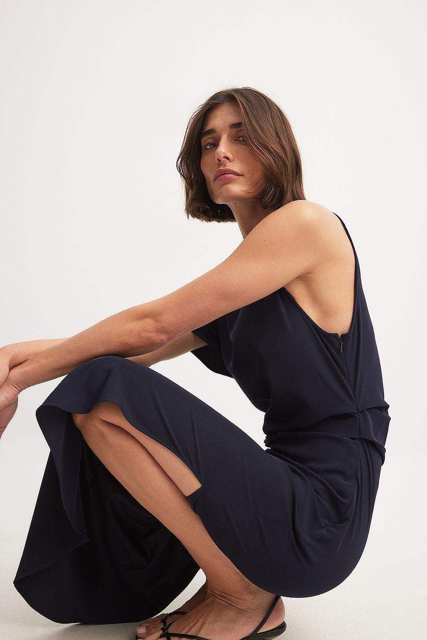 Woven One Sleeve Draped Detail Asymmetric Dress Product Image
