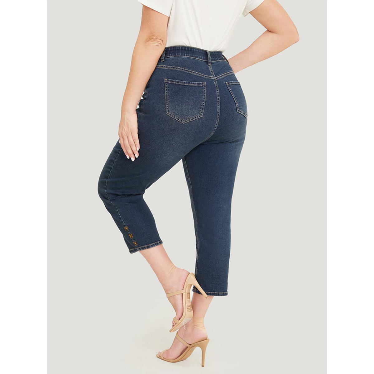 Plus Size Very Stretchy High Rise Dark Wash Beaded Detail Cropped Jeans Women Indigo Casual Plain High stretch Pocket Jeans BloomChic 28/5X Product Image