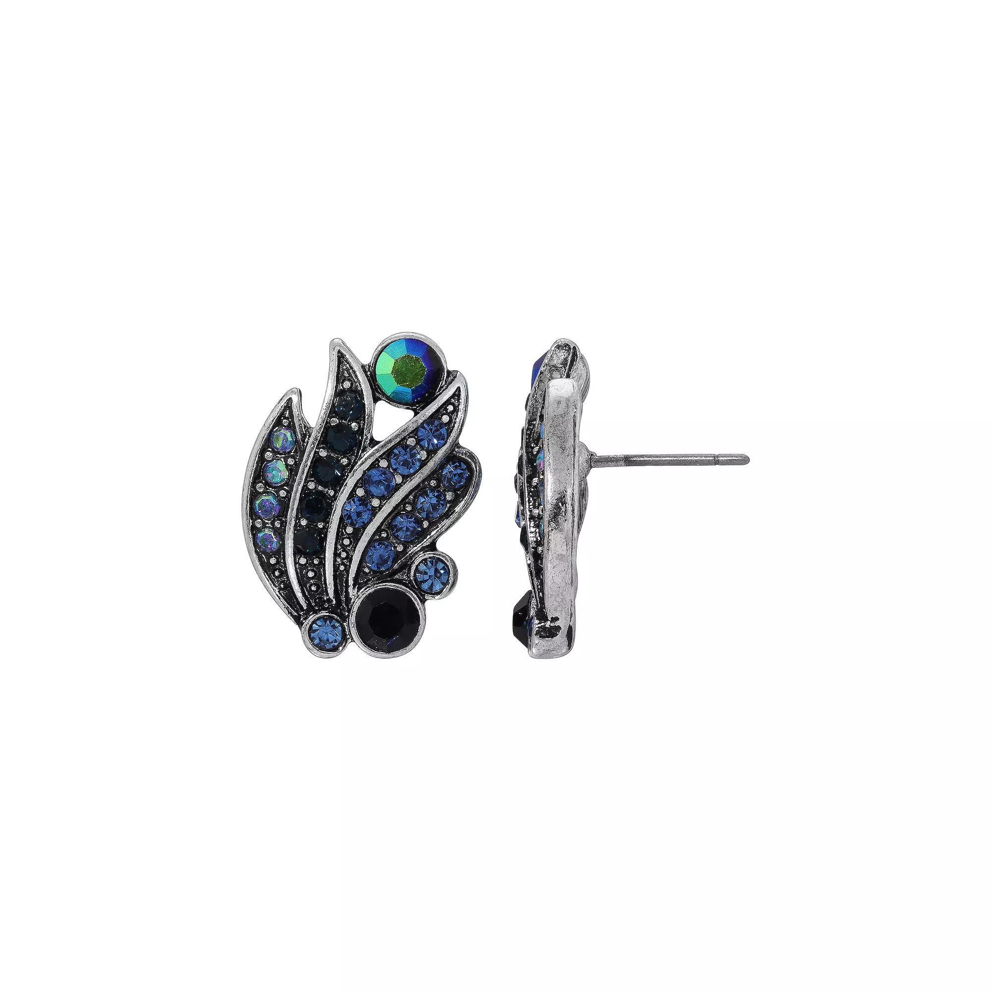 1928 Silver Tone Aurora Borealis Crystal Oxidized Vintage-Inspired Stud Earrings, Womens, Blue Product Image