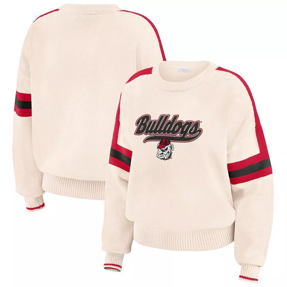Women's WEAR by Erin Andrews  Cream Georgia Bulldogs Chenille Woven Patch Stripe Pullover Sweater, Size: XXL, Beige Product Image