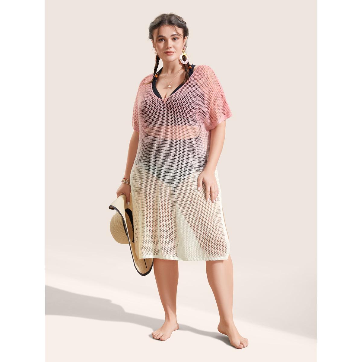 Plus Size Deep V Neck Ombre Tie Dye Swim Cover Up Women's Swimwear Watermelon Beach Loose Contrast Curve Swim Cover Ups BloomChic 14-16/1X Product Image