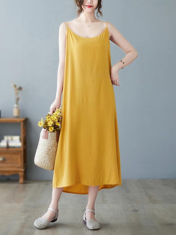 Loose Sleeveless Solid Color Spaghetti-Neck Midi Dresses Product Image