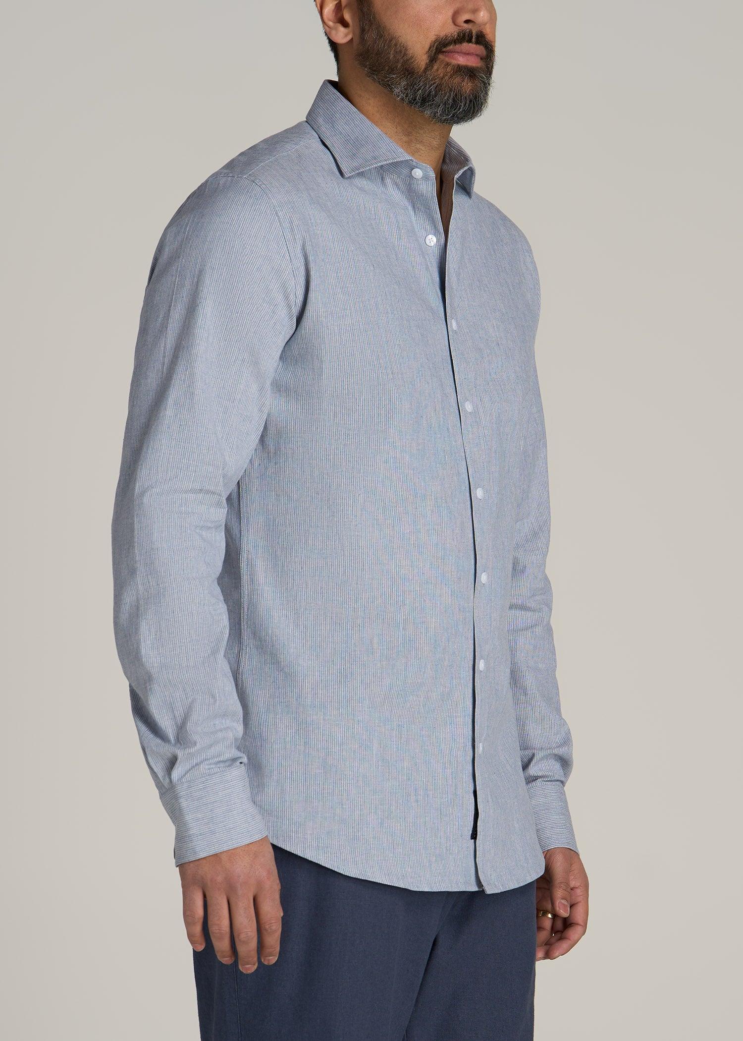 Stretch Linen Dress Shirt for Tall Men in Blue and White Pinstripe Product Image