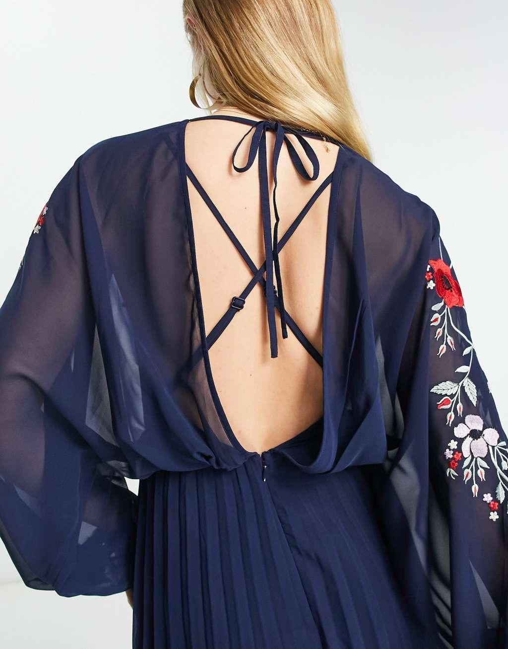 ASOS DESIGN embroidered blouson open back pleated midi dress Product Image