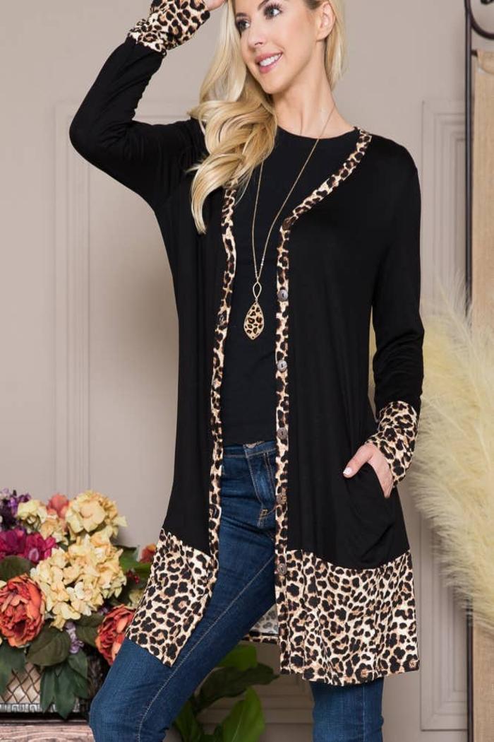 Solid Button-Down Leopard Cardigan Product Image