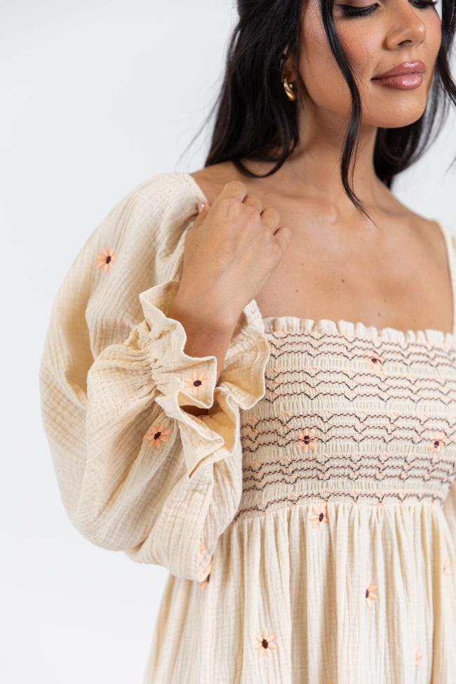 Dress To Impress Beige Floral Stitched Smocked Top Dress FINAL SALE Product Image