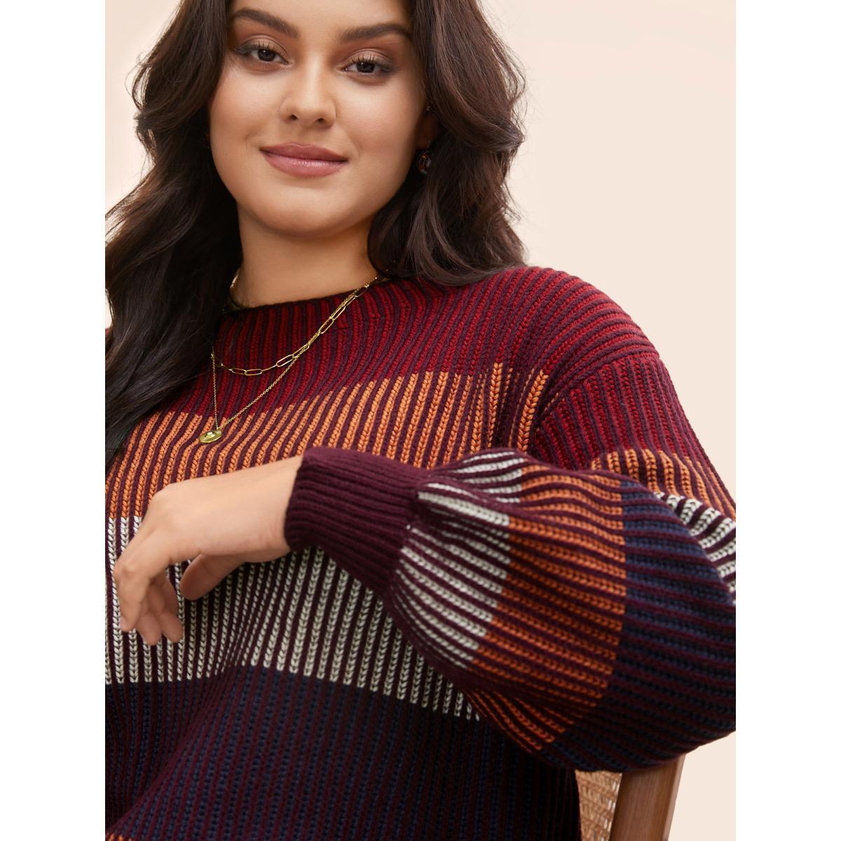 Plus Size Textured Striped Contrast Patchwork Pullover Deepred Women Casual Long Sleeve Round Neck Everyday Pullovers BloomChic 10/M Product Image