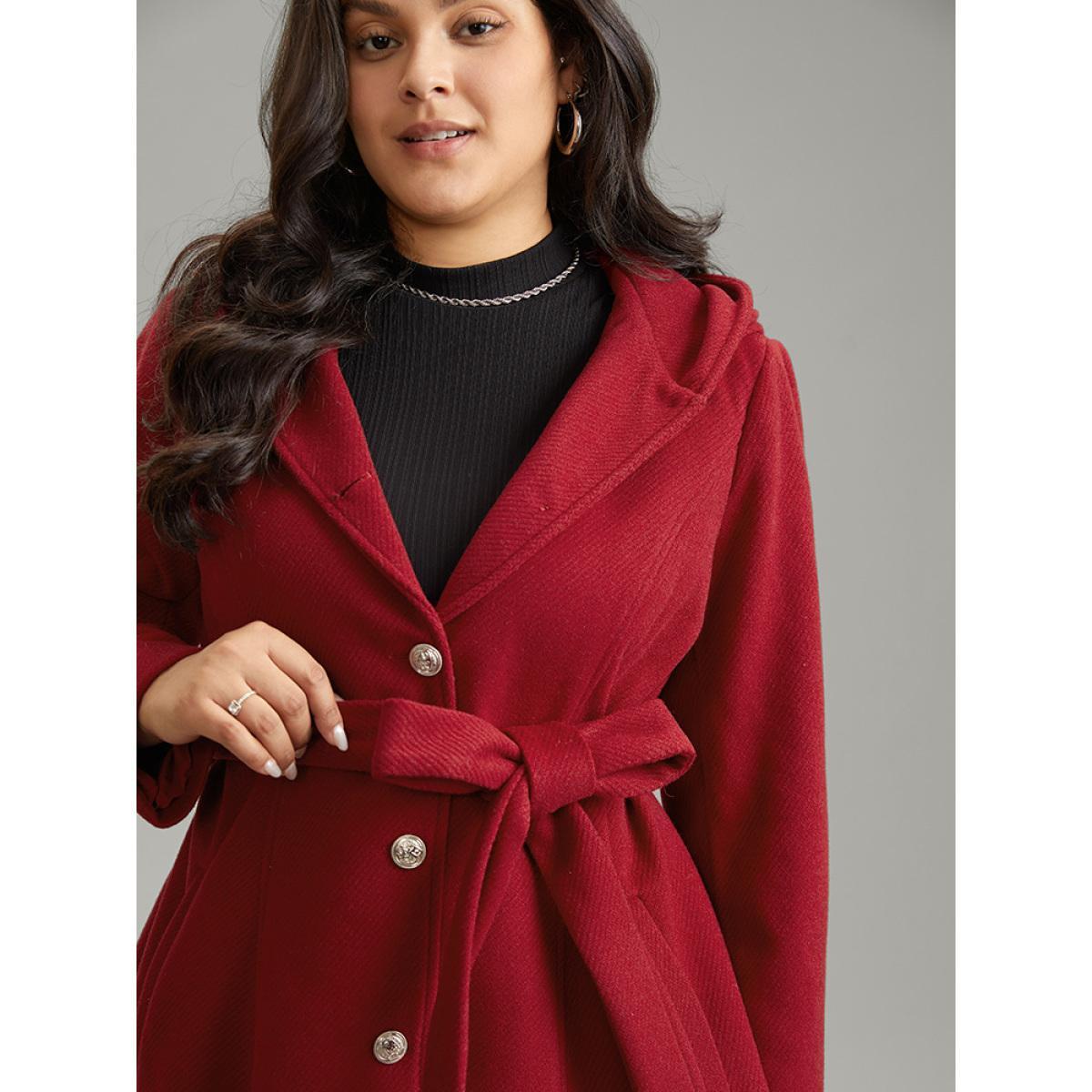 Plus Size Solid Hooded Belted Buckle Detail Coat Women Scarlet Elegant Lined Ladies Dailywear Winter Coats BloomChic 26/4X Product Image