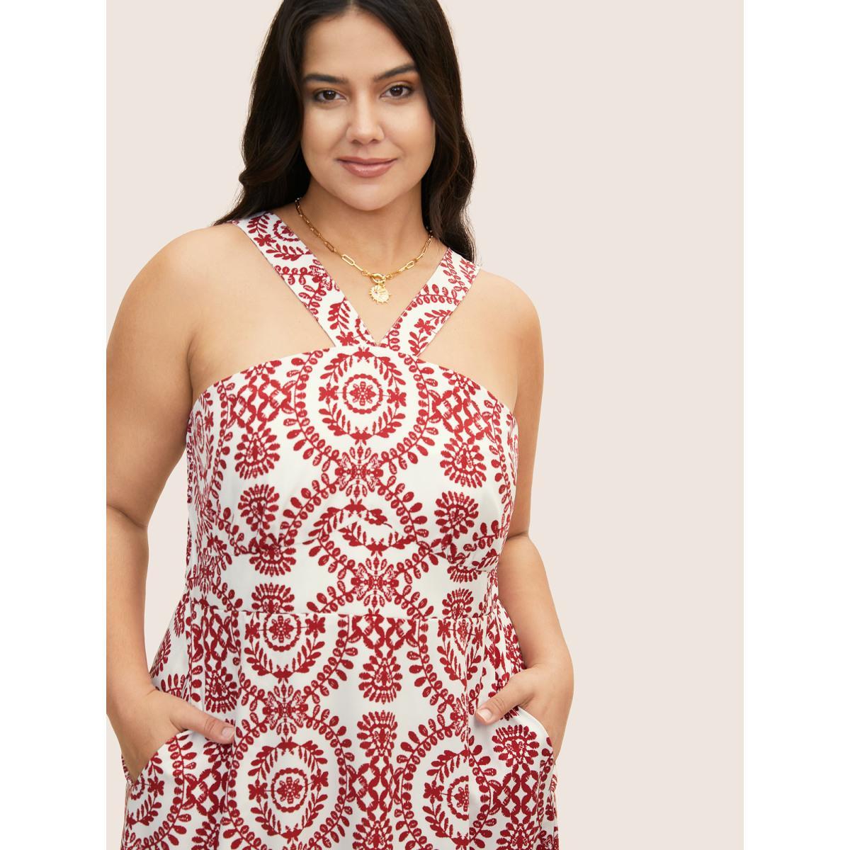 Plus Size Bandana Print Shirred Sleeveless Maxi Dress Scarlet Women Resort Non Sleeveless Curvy BloomChic 28/5X Product Image