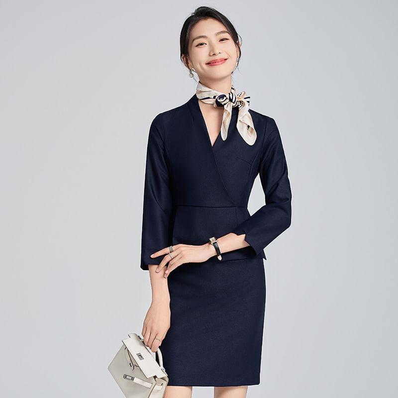 Peak Lapel Plain Single Breasted Blazer / 3/4-Sleeve V-Neck Peplum Mock Two Piece Mini Sheath Dress Product Image