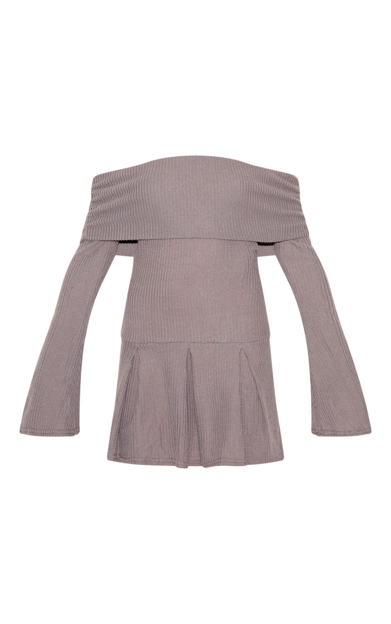 Charcoal Waffle Textured Bardot Pleated Shift Dress Product Image