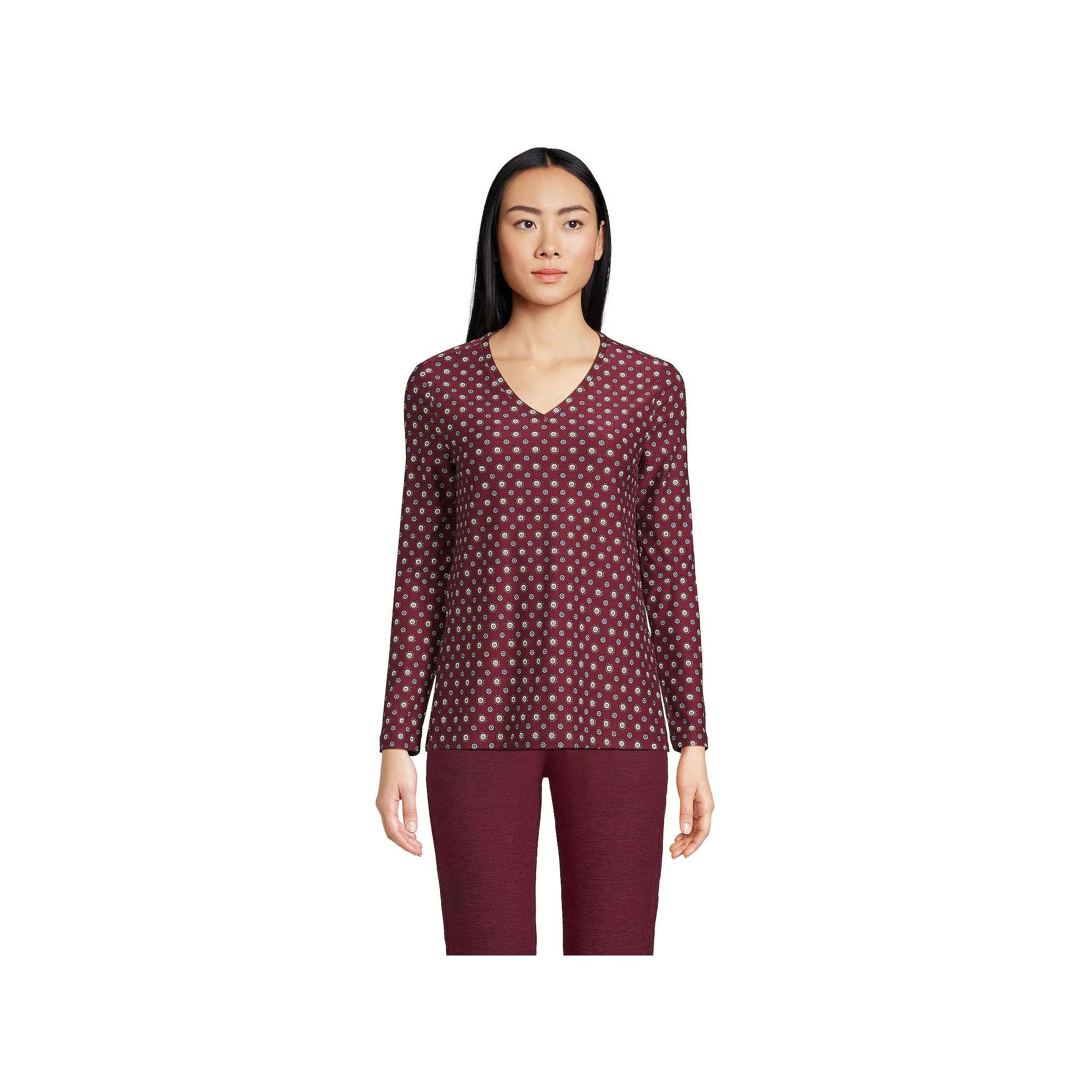 Petite Lands' End Long Sleeve Performance V-Neck Top, Women's, Size: XS Petite, Red Geo Product Image