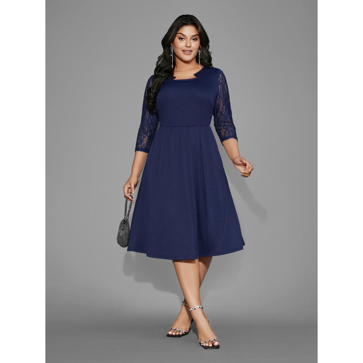 Plus Size Asymmetrical Neck Lace Patchwork Mesh Dress Navy Women Cocktail Woven ribbon&lace trim Party Curvy Bloomchic 18-20/2X Product Image