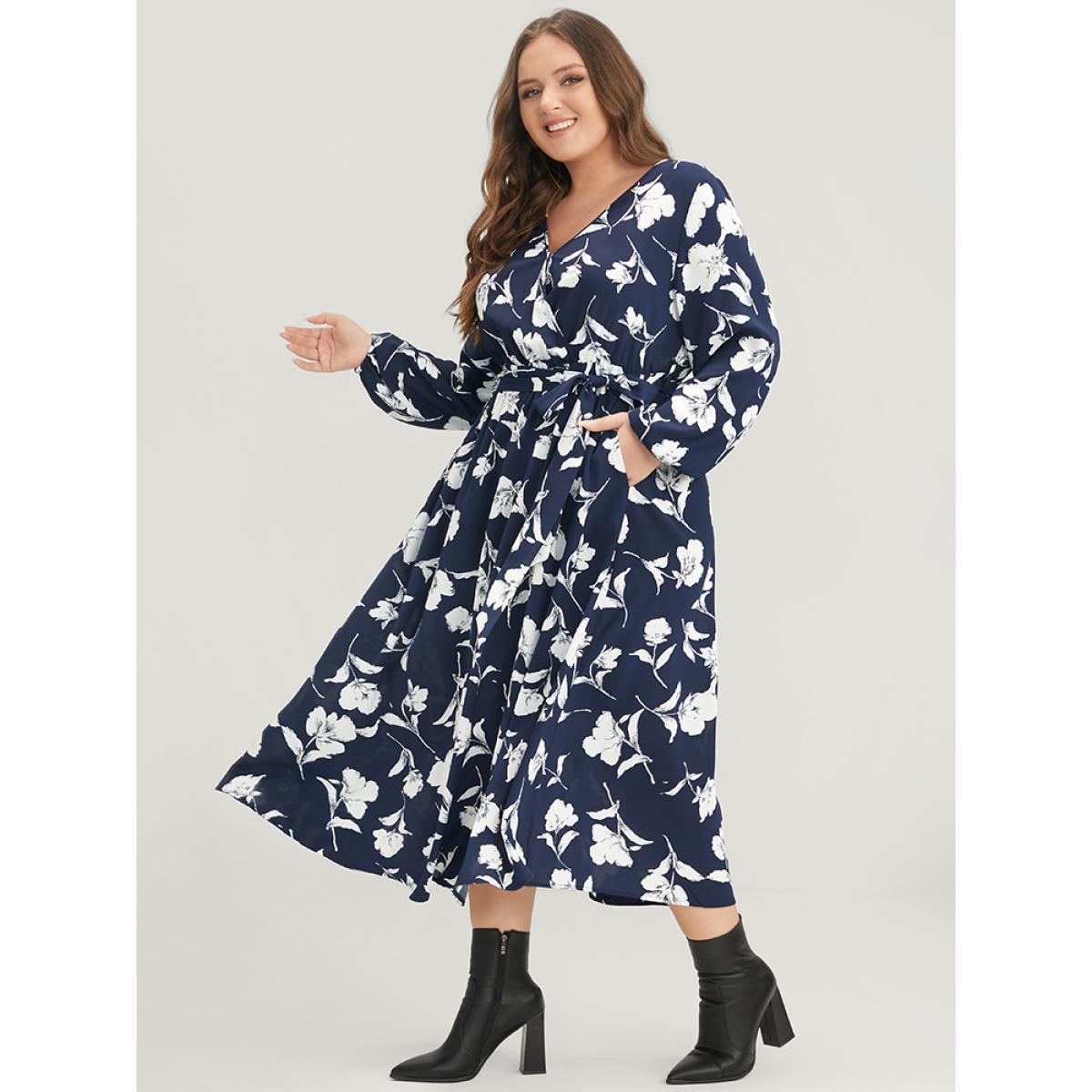 Plus Size Floral Pocket Surplice Neck Belted Midi Dress DarkBlue Women Casual Belted V-neck Long Sleeve Curvy Midi Dress BloomChic 12/L Product Image