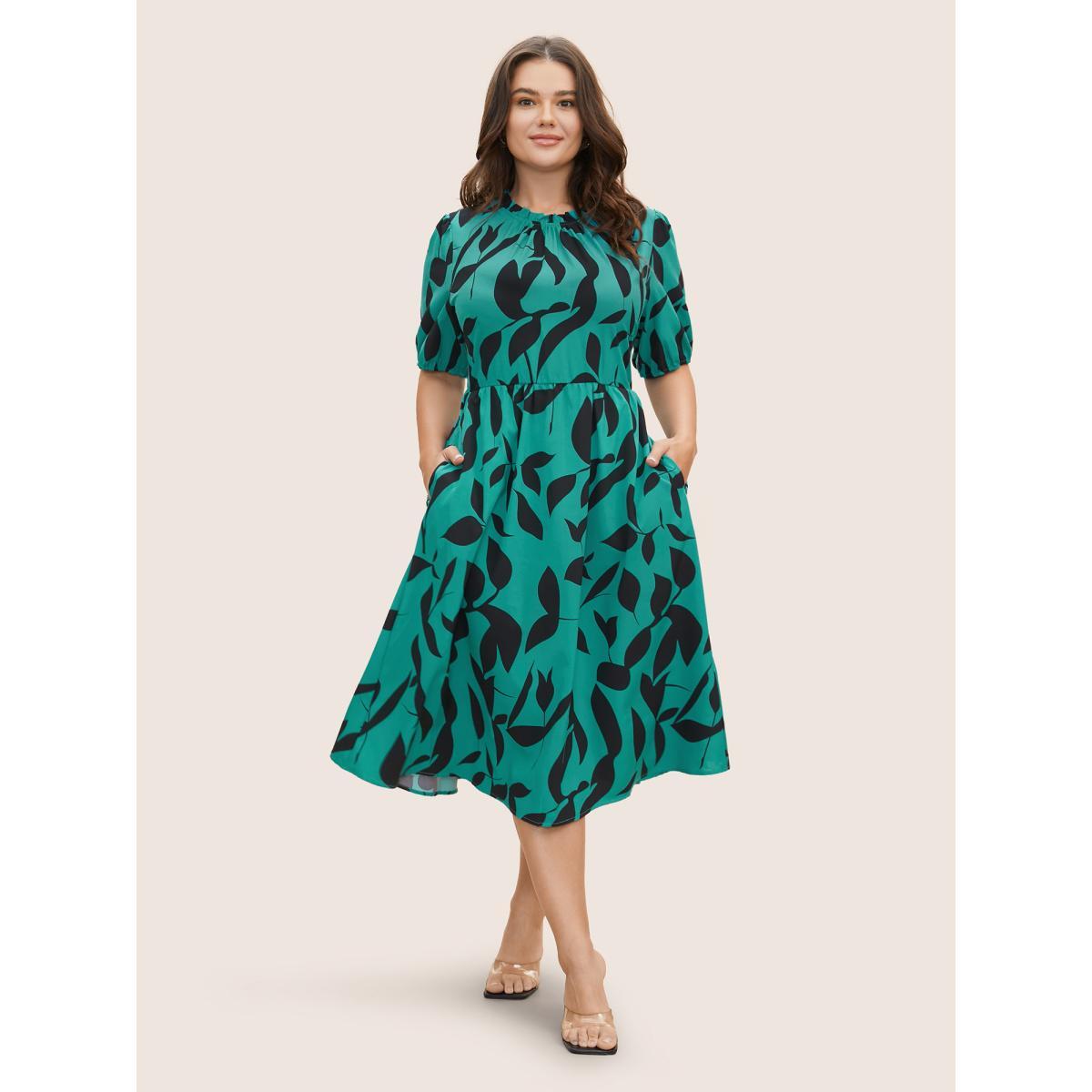 Plus Size Silhouette Floral Print Mock Neck Midi Dress Teal Women Elegant Gathered Mock Neck Short sleeve Curvy BloomChic 30/6X Product Image