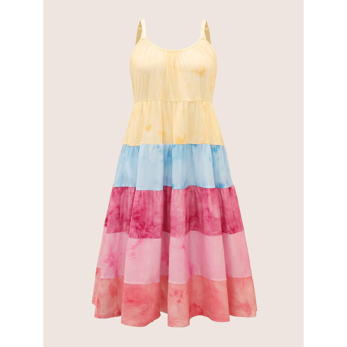 Plus Size Tie Dye Contrast Ruffle Layered Hem Dress Multicolor Women Casual Gathered Non Sleeveless Curvy Midi Dress BloomChic 18-20/2X Product Image