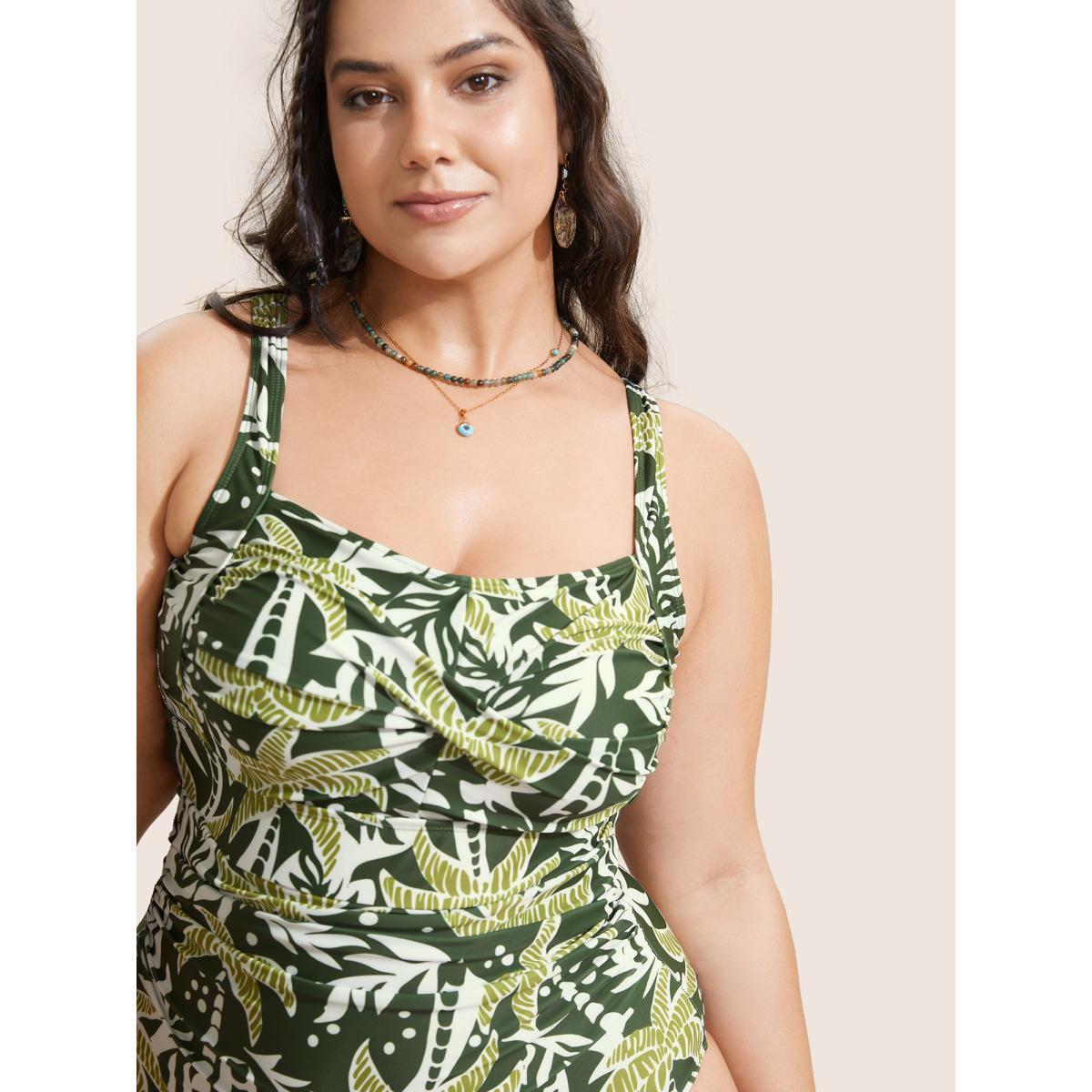 Plus Size Heart Neckline Tropical Print Crossover One Piece Swimsuit Women's Swimwear ArmyGreen Beach Twist Curve Bathing Suits High stretch One Pieces BloomChic 22-24/3X Product Image