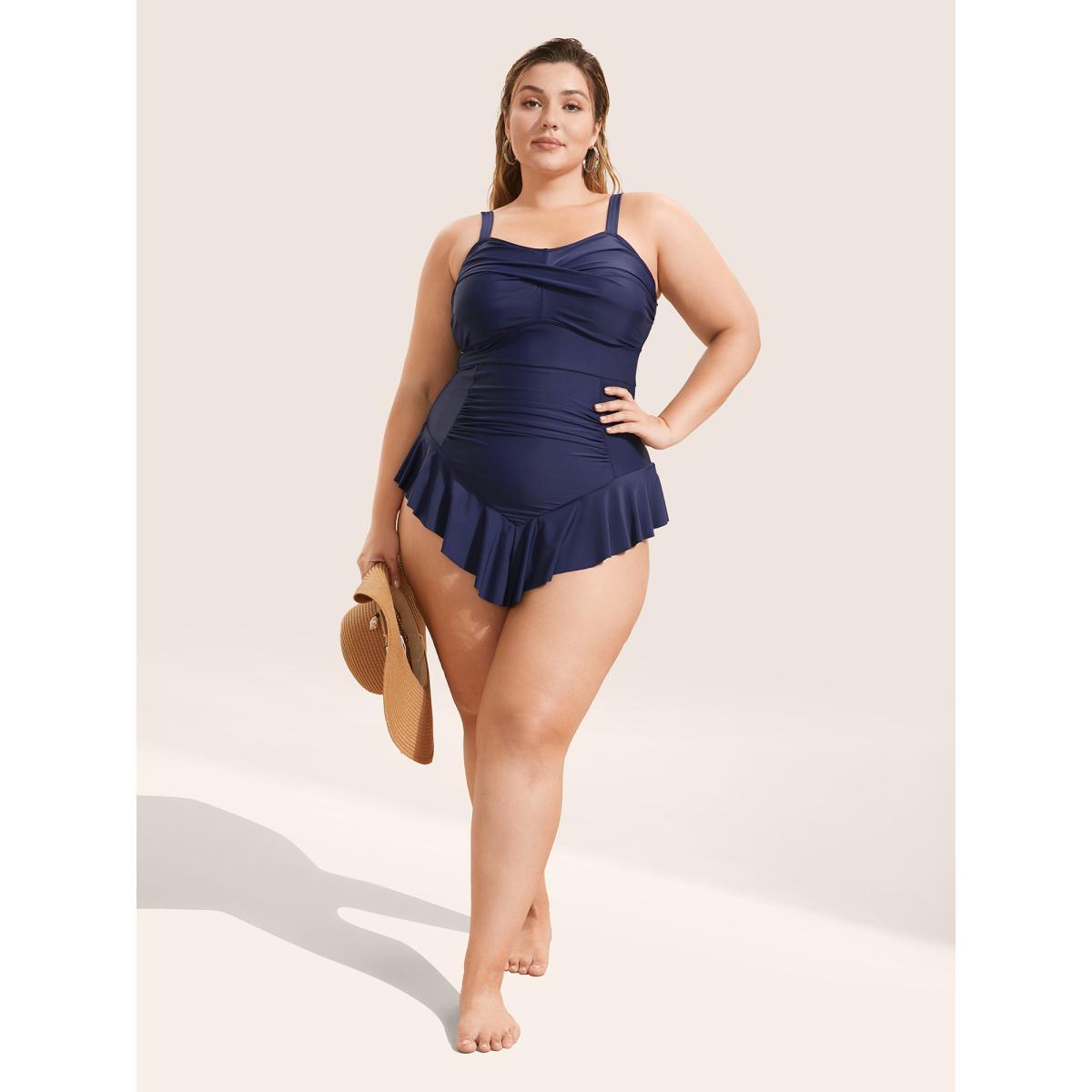 Plus Size Plain Crossover Flutter Trim One Piece Swimsuit Women's Swimwear Indigo Beach Curve Bathing Suits High stretch One Pieces BloomChic 12/L Product Image