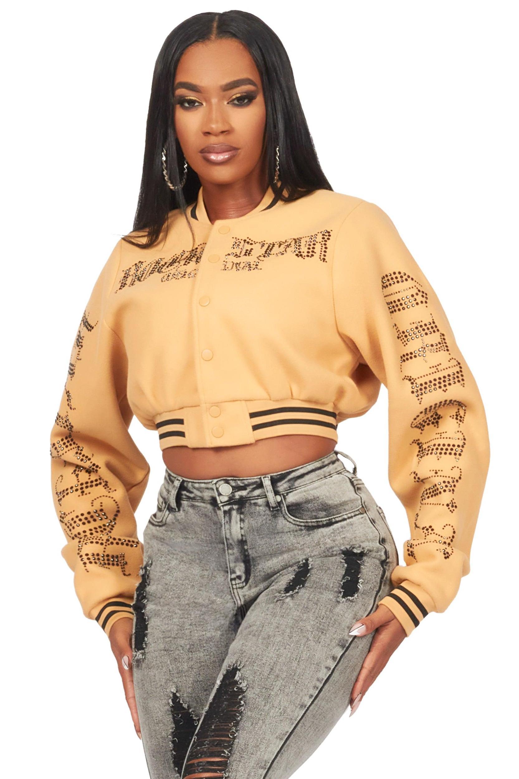 Gianni Tan Crop Rhinestone Varsity Jacket Female Product Image