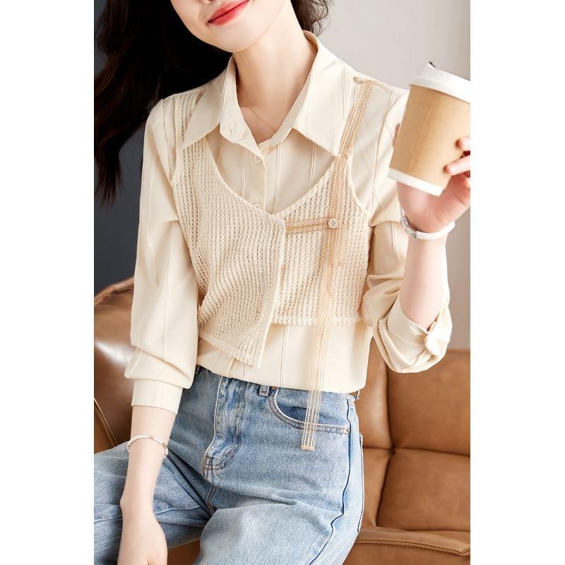 Long-Sleeve Collared Mock Two-Piece Asymmetrical Perforated Panel Button-Up Blouse Product Image