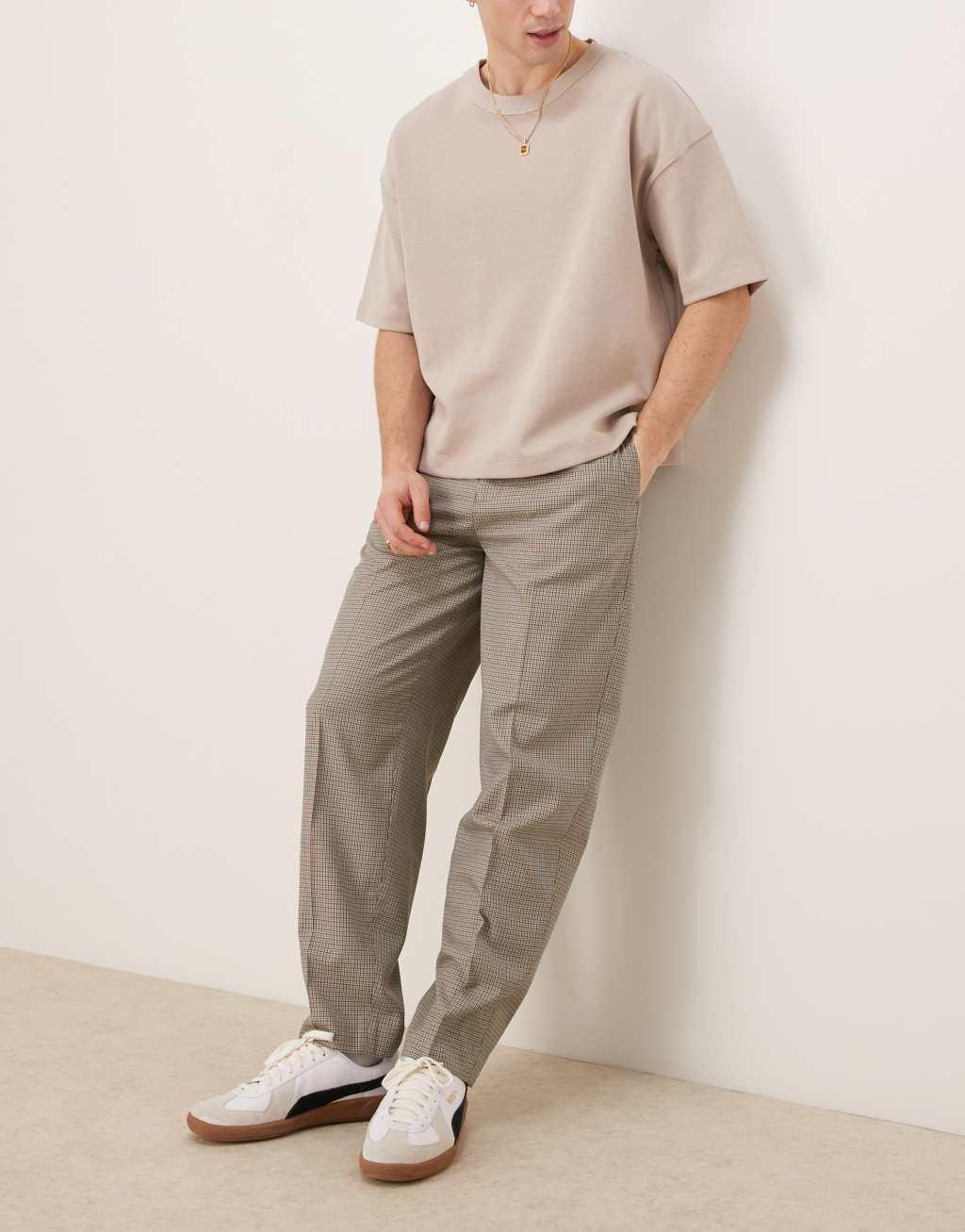 ASOS DESIGN smart oversized tapered pants in brown microcheck Product Image