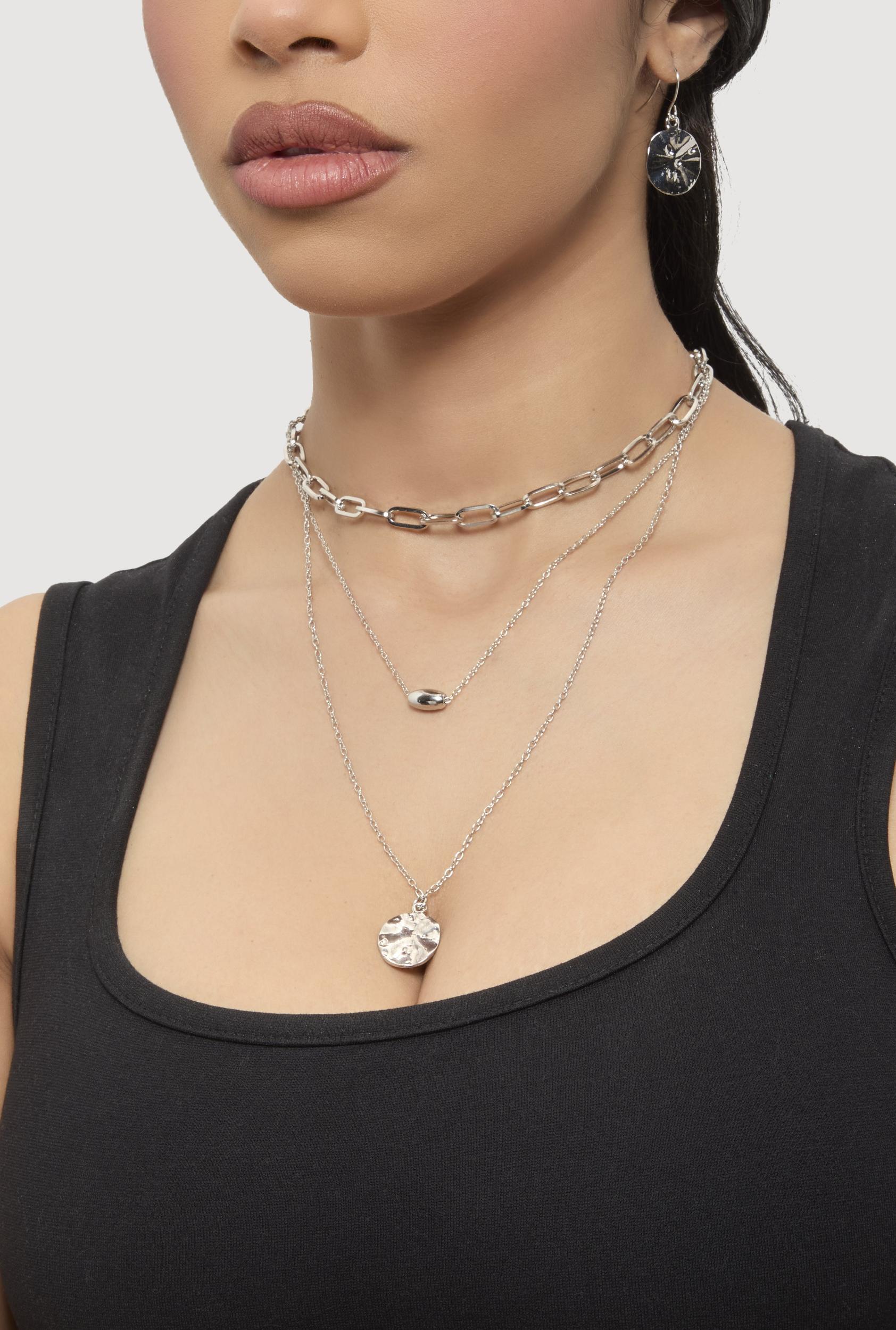 Circle Pendant Layered Necklace and Drop Earrings Female Product Image