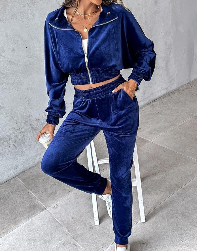 Set: Stand Collar Plain Zip-Up Velvet Crop Jacket + High Waist Harem Pants Product Image