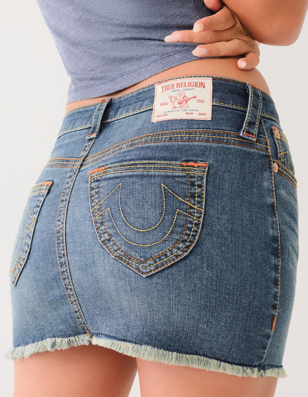 TRUE RELIGION Sadie Saddle Stitch Spade Pocket Womens Mini Skirt - Dark Wash Product Image