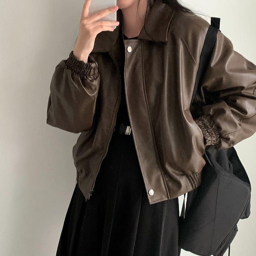 Long Sleeve Lapel Neck Fleece Lined Faux Leather Bomber Jacket Product Image