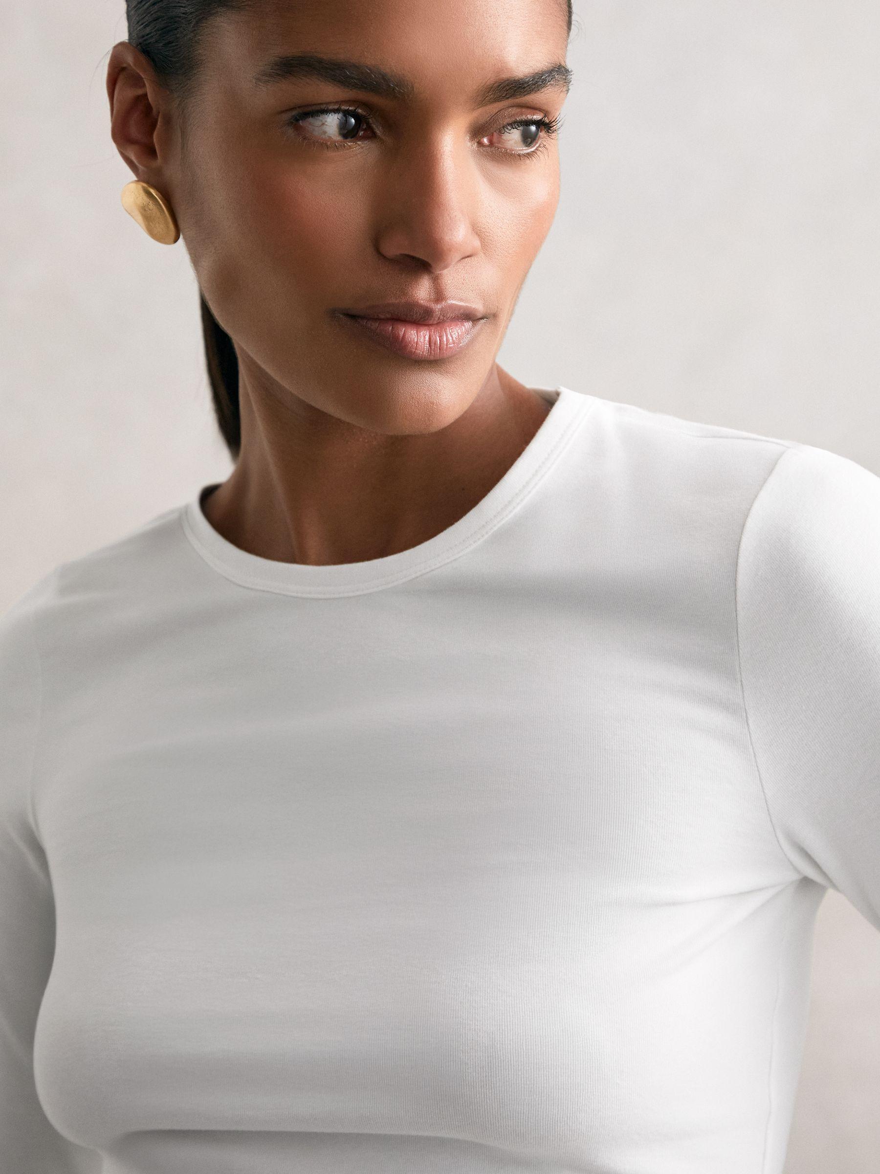 Cotton Crew-Neck Long-Sleeve T-Shirt With Stretch in White Product Image