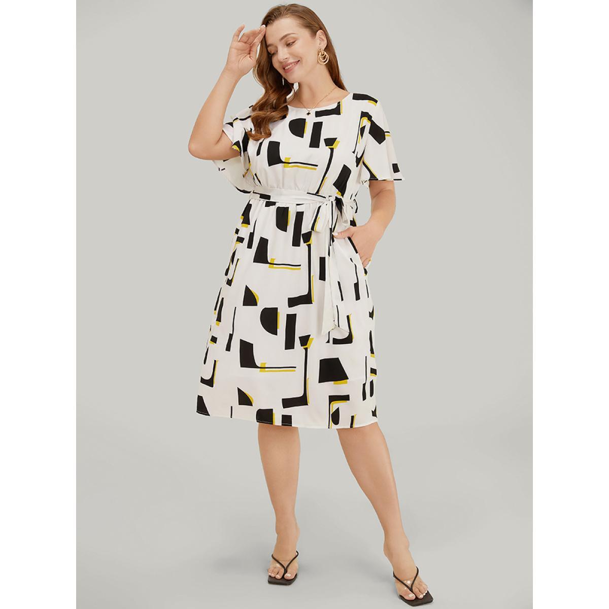 Plus Size Geometric Print Pocket Belt Flutter Sleeve Dress Black Women Elegant Contrast Round Neck Short sleeve Curvy Knee Dress BloomChic 22-24/3X Product Image