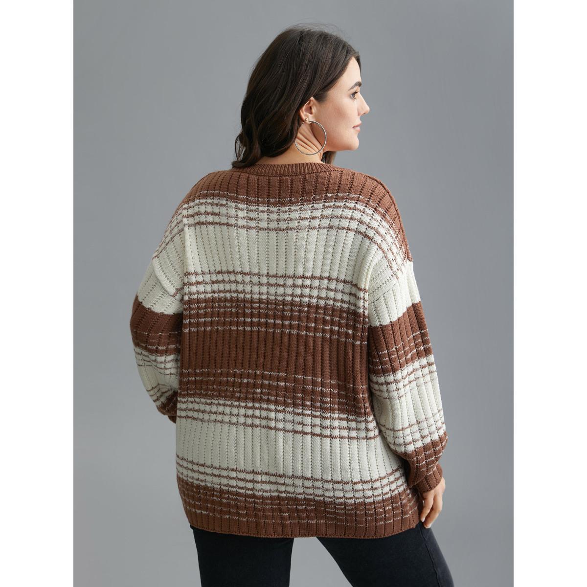Plus Size Contrast Textured Crew Neck Pullover Browncoffeecolor Women Casual Loose Long Sleeve Round Neck Everyday Pullovers BloomChic 12/L Product Image