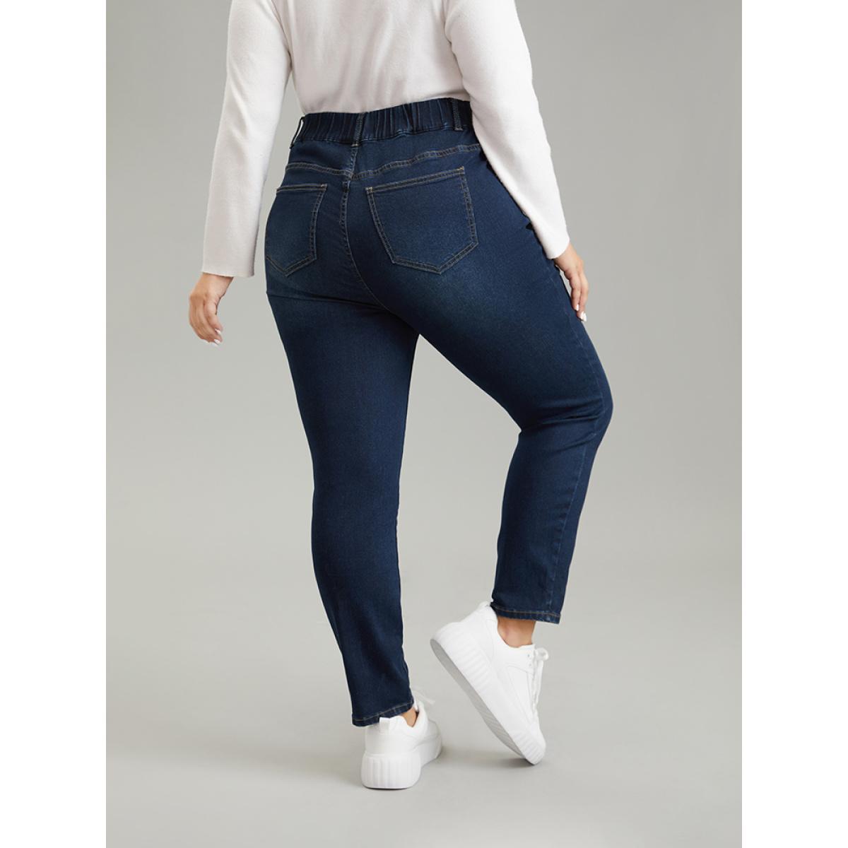 Plus Size Skinny Plain Elastic Waist Dark Wash Jeans Women Indigo Casual Plain Plain High stretch Pocket Jeans BloomChic 28/5X Product Image