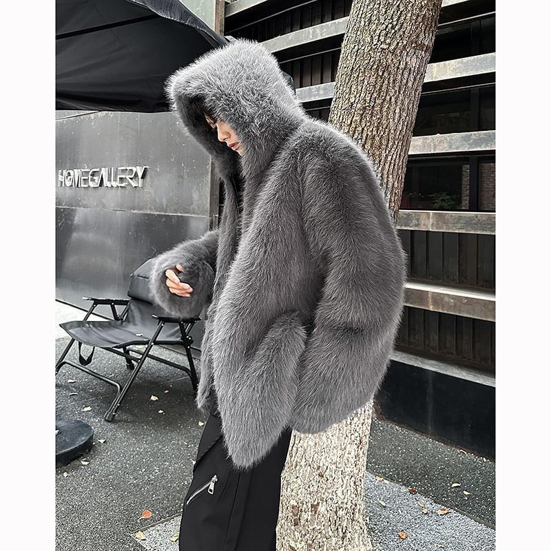 Plain Hooded Fluffy Coat Product Image