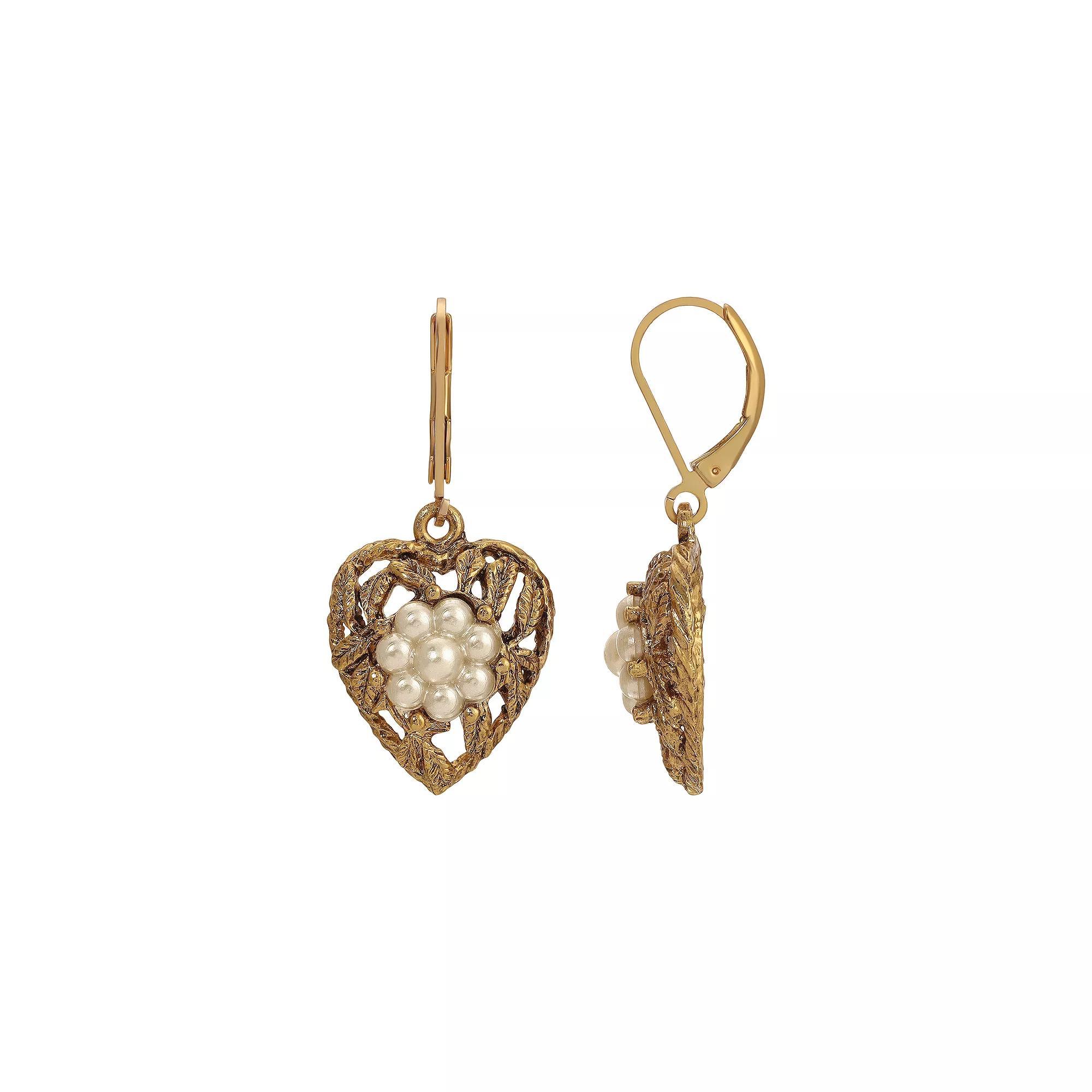 1928 Gold Tone Filigree & Faux Pearl Leverback Earrings, Womens, White Product Image