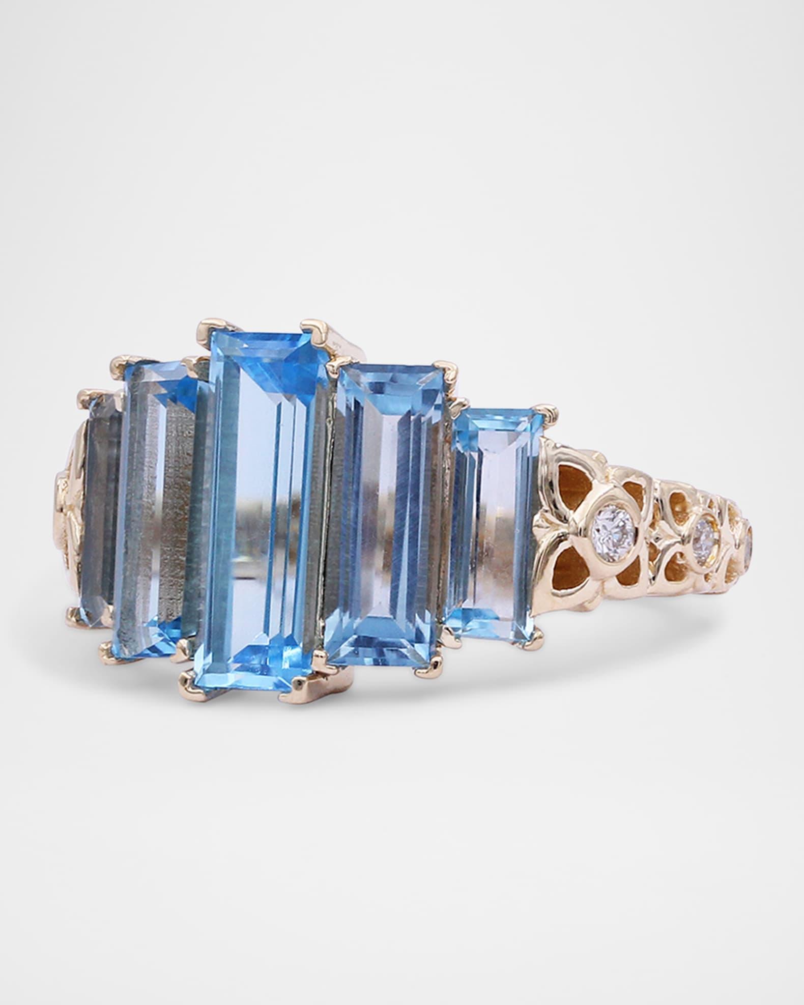 18K Yellow Gold Baguette Swiss Blue Topaz Statement Ring with Diamonds Product Image