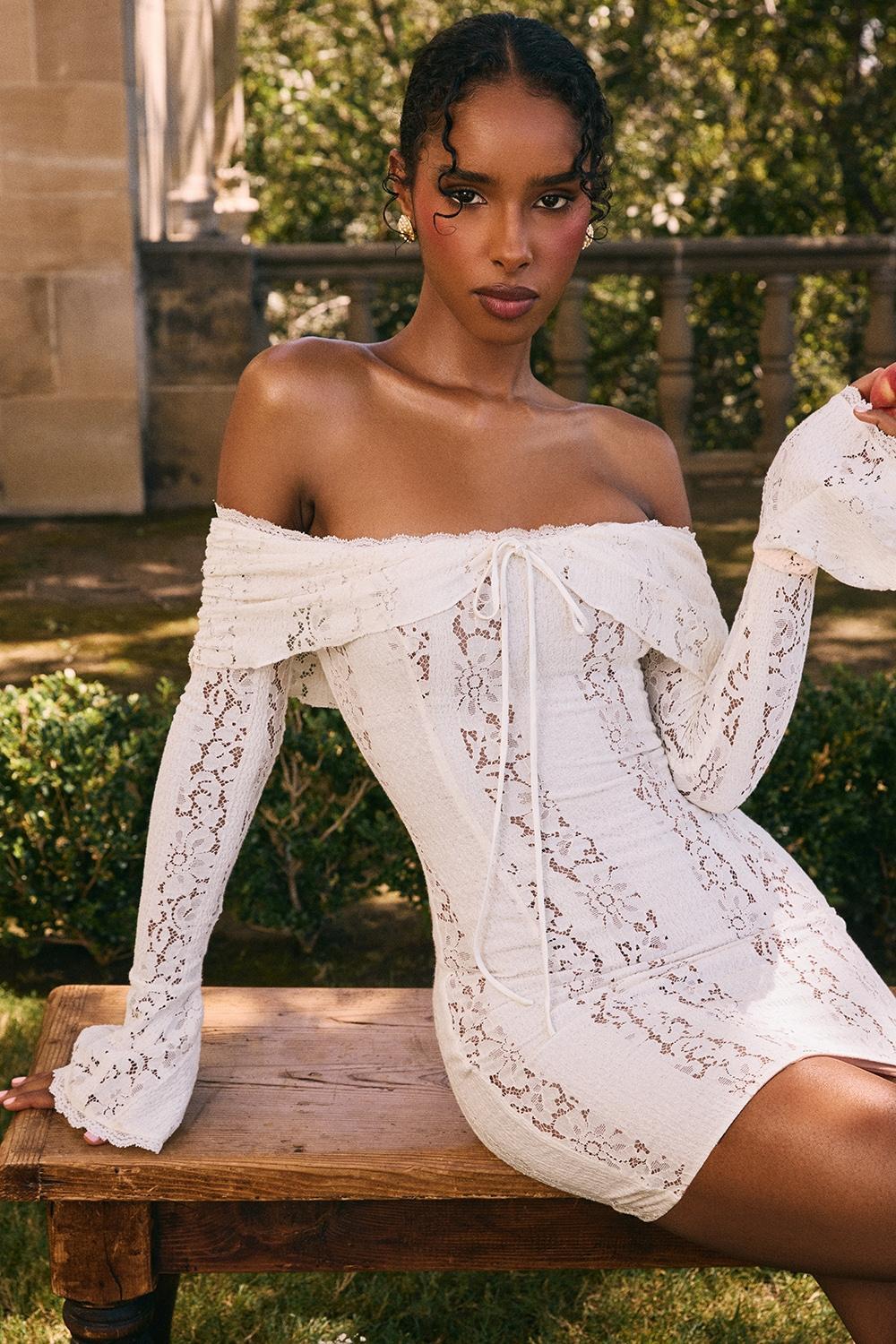 Sadie  vintage cream floral lace off shoulder mini dress Product Image